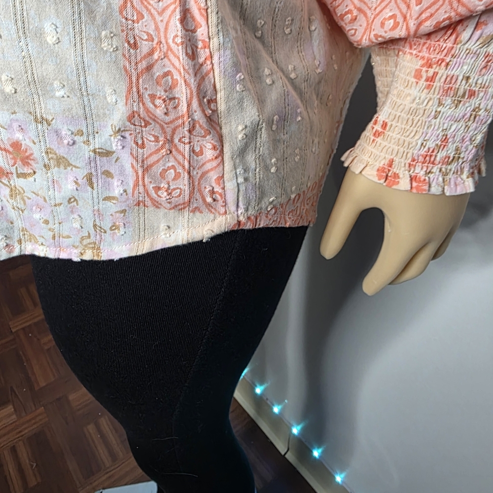 Style & Co. Patchwork Ruffle-Neck Blouse in Coral & Cream Size US/M - Picture 7 of 13
